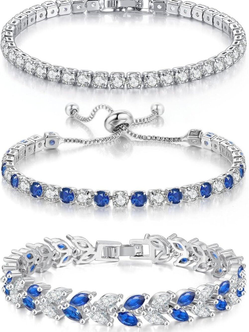 3-Pc Tennis Bracelet Set for Women - Silver, Gold & Blue CZ Sparkle Jewelry